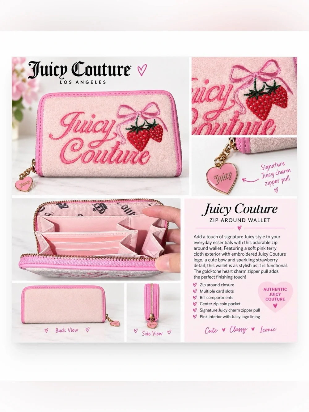 *N.W.O.T.* Juicy Couture Zip Around Wallet Pink Terry Cloth Strawberry Bow